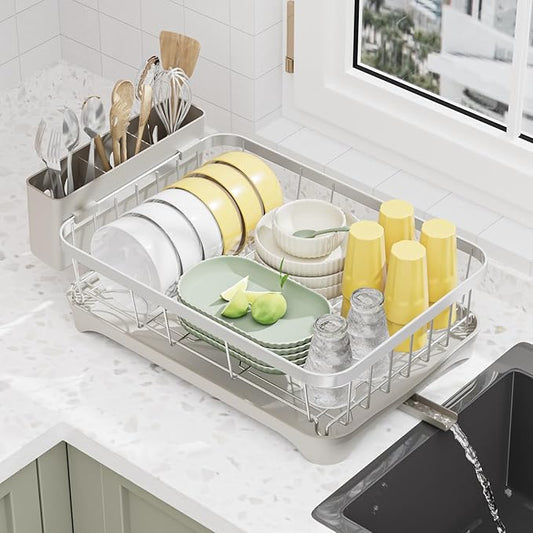 LIYI Dish Drainer,Large Capacity Storage,with Drain Outlet,304 Stainless Steel,Utensil Drain Rack, Multifunctional Kitchen Organizer,White