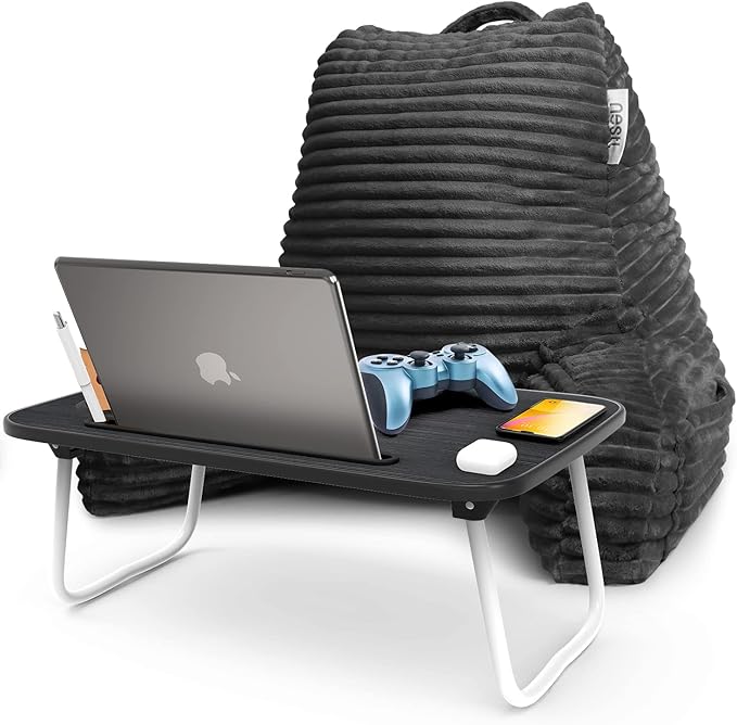 Nestl Dark Grey Reading Pillow with Bed Desk for Laptop and Writing, Luxe Cut Plush Back Pillow for Sitting Up, Back and Arms Adjustable Support for Adult and Teens, Foldable Lap Desk for Bed 22x14”