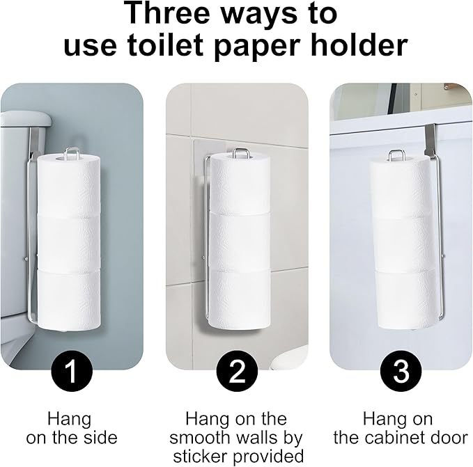 Bathroom Toilet Paper Holder with Storage Extra 3 Rolls, Over The Tank Toilet Paper Holder Wall Mount, Small Restroom Organizer, Adhesive RV Tissue Storage, Stainless Steel, Silver, 1PC
