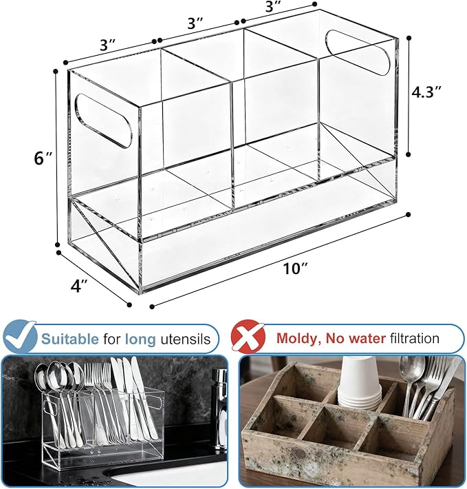 Utensil Holder, 3 Compartments Utensil Drying Rack with Automatic Drain Tray for Kitchen Counter, Transparent Acrylic Organizer for Silverware Cutlery Spoons, Forks, Knifes, Chopsticks (Clear)