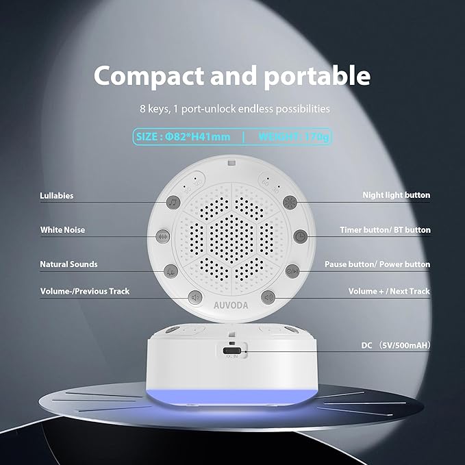 S318 White Noise Machine, Portable Sound Machine for Sleep with Bluetooth, 25 Non-Looping Sounds, 11-Color Night Light, Memory & Timer, USB-C Powered, for Baby Kids Adults Home Office Travel