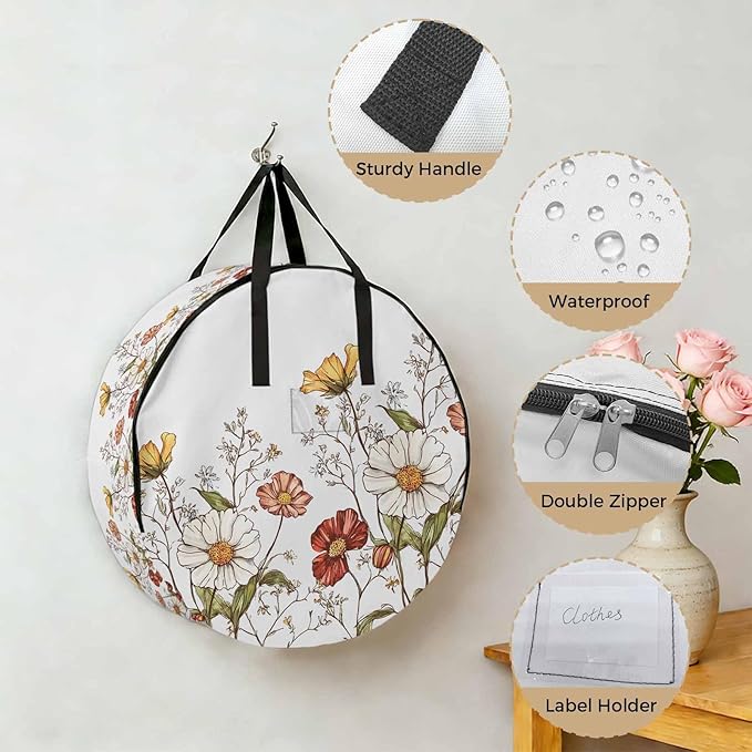 Daisy Flowers Round Storage Bag 24 Inch, Plants Spring Clothes Storage Container with Handles Heavy Duty Organizer for Comforter, Bedding & Holiday Wreaths