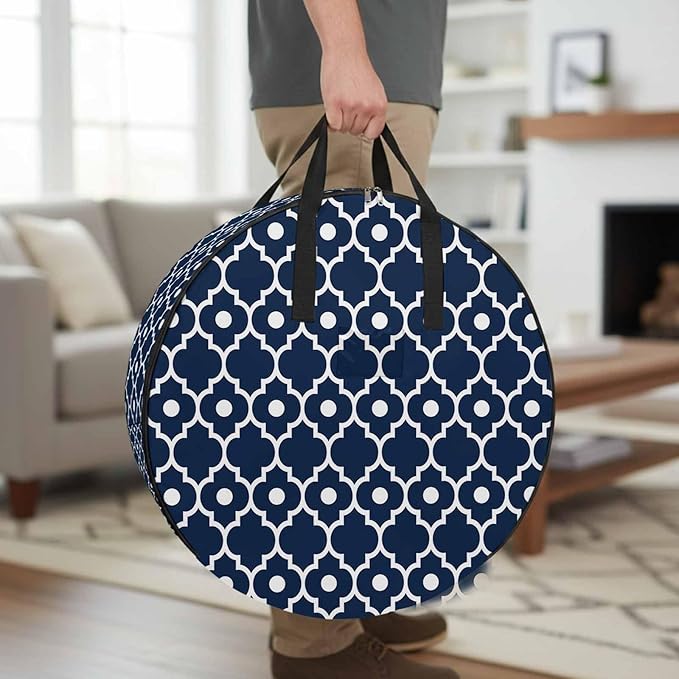 Storage Bag Blue Moroccan Design Round Storage Totes Bins Closet Organizers with Zippers & Handle Geometric Art Clothes Storage Container for Bedroom Dorm Space Saving Packing Supplies Moving Bags