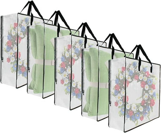 5 Pack Moving Bags, Wreath Storage Bag, Garland Container, Clear Storage Bags with Handles and Zippers Moving Bag for College Carrying, Bedding, Toys Organizer, Under the Bed Storage
