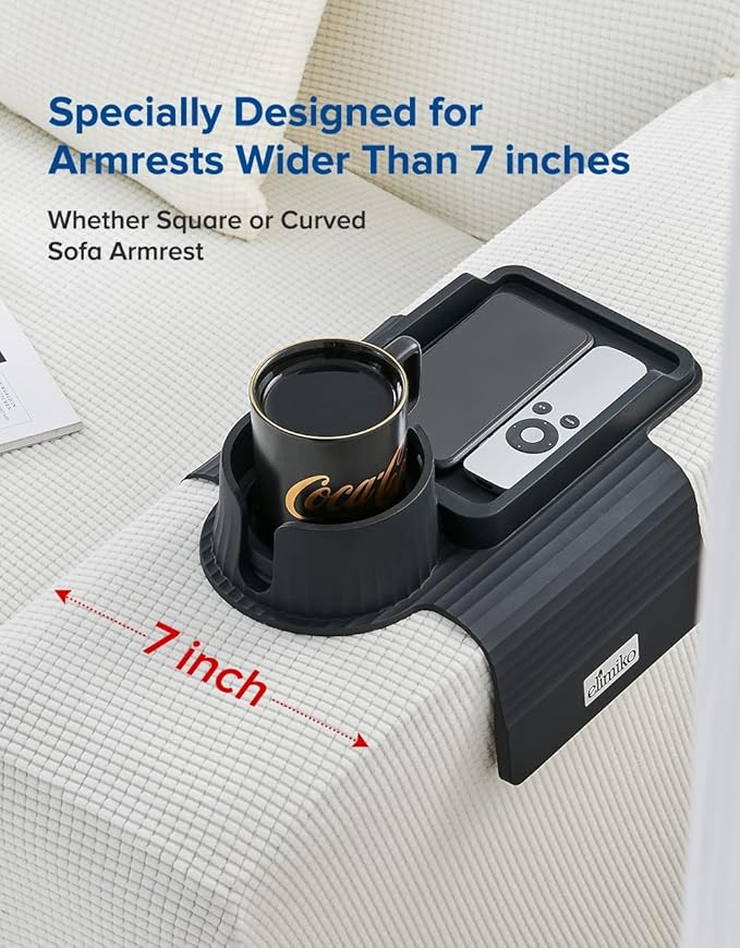 Couch Cup Holder Tray, Elimiko Silicone Sofa Drink Holder with Large Cup Holder and Tray, for Oversized Mugs/Long Remote/Snacks/Cellphone (Black)
