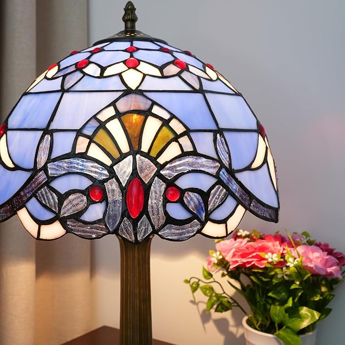 Tiffany Lamp Stained Glass lamp 12 inches Bedside Table Lamps for Living Room Bedroom Dorm Kitchen Home Decor Festival Birthday Gift,Blue Baroque