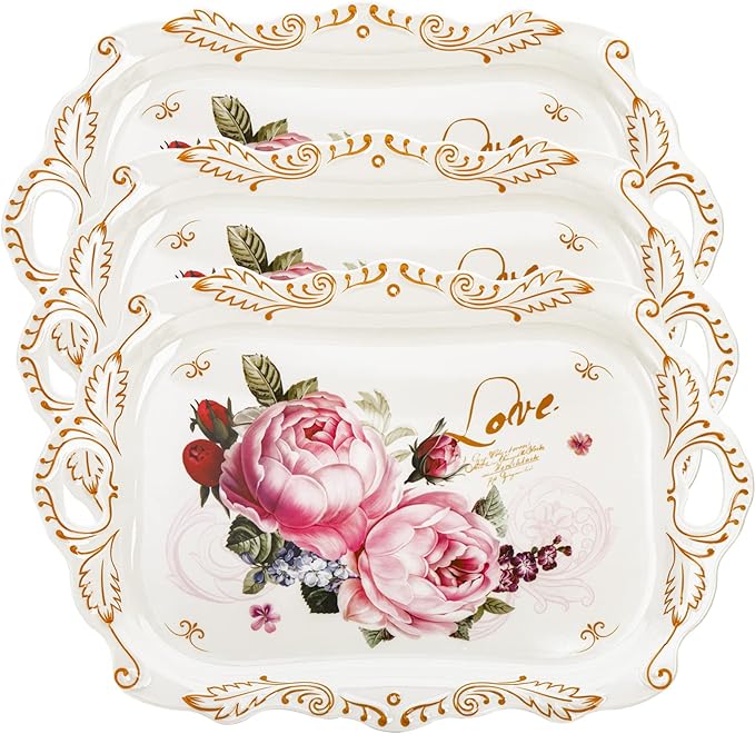 DEAYOU 3-Pack Melamine Serving Tray, Stackable Food Tray with Handles for Eating, Unbreakable Large Serving Platter with Floral Print for Gift, Party, Decor, Home, Restaurant, 16"L x 11"W, Rectangle