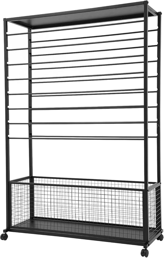 16 Tier Ribbon Holder Organizer Rack, Metal Double-Sided Ribbon Spool Storage Shelf with Wheels, Rolling Flower Wrapping Paper Storage Stand for Craft Room Flower Shop Gift Wrapping(Wider, Black)