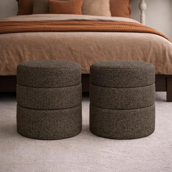 Spatial Order Upholstered Round Ottoman (No Lid, Seat Only) | Spatial Order Home Décor | Foot Rest Pouf – Dark Brown Boucle