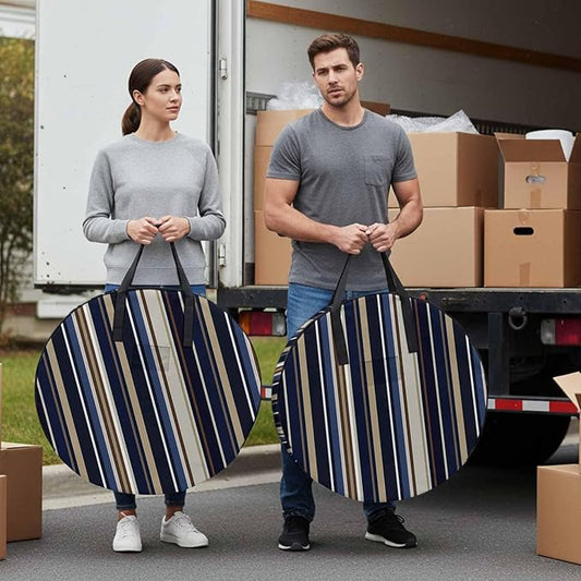 24 Inch Round Storage Bag 2 Pack,Abstract Blue-brown Stripes Waterproof Wreath Storage Container with Handles&Zipper Black White Geometric Closet Organizer Bags Garland Box