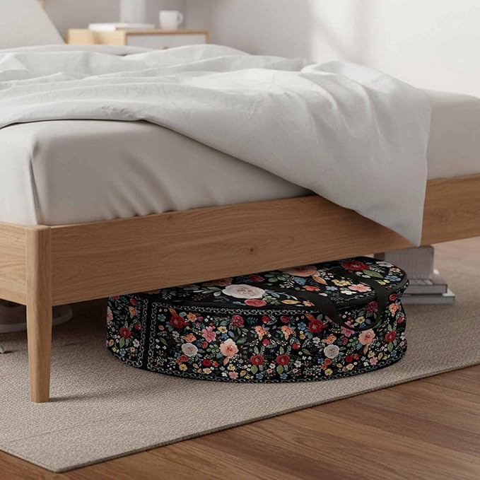 Storage Bag Black Floral Round Storage Totes Bins Closet Organizers with Zippers & Handle Farmhouse Vintage Flower Clothes Storage Container for Bedroom Dorm Space Saving Packing Supplies Moving Bags