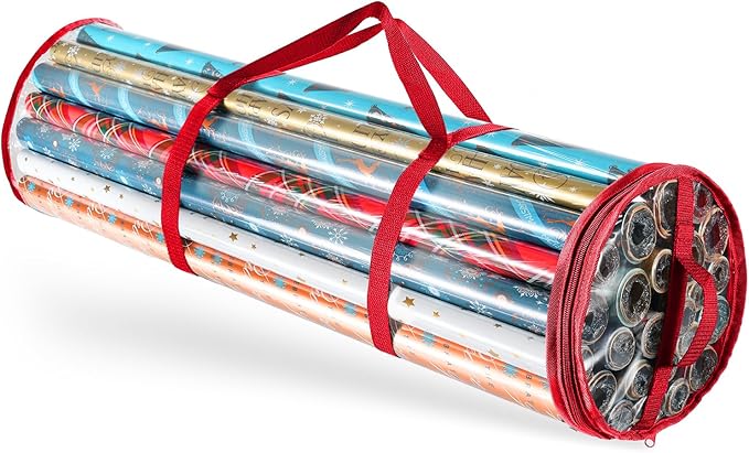 Hearth & Harbor Wrapping Paper Storage Container - Clear Wrapping Paper Holder Fits Up To 14 Rolls of 40" - Tear Proof Gift Wrap Organizer - Premium Bag for Easy Carrying, Red
