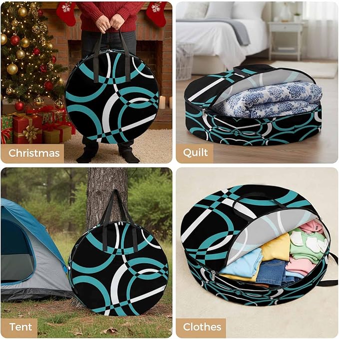 Storage Bag Turquoise Black Geometric Circle Round Storage Totes Bins Closet Organizers with Zippers & Handle Modern Abstract Lines Clothes Storage Container for Bedroom Space Saving Packing Supplies