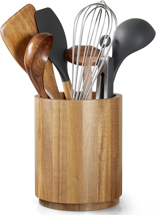 Bivvclaz Acacia Wood Utensil Holder, 360°Rotating 7.2" Utensil Holder for Kitchen Counter, Large Kitchen Utensil Holder, Cooking Utensil Crock for Countertop, Farmhouse Kitchen Decor and Accessories