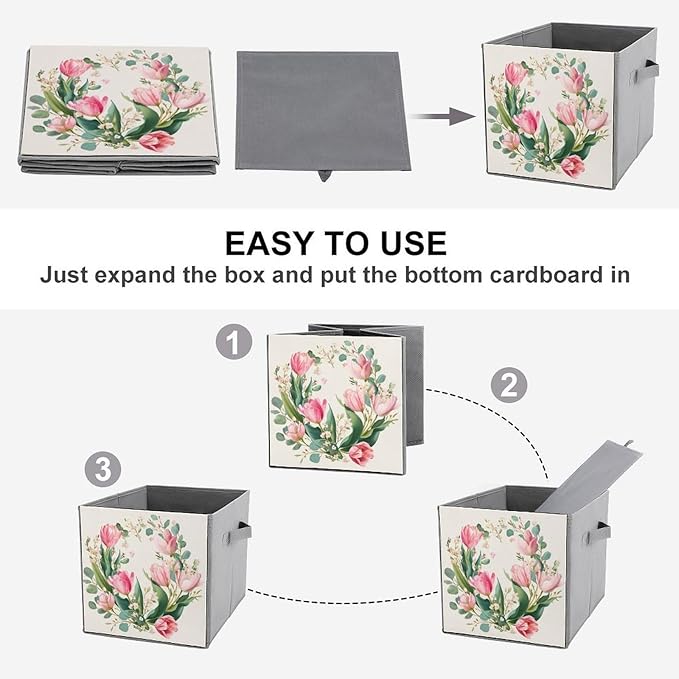 Watercolor Floral Wreath with Pink Tulips Cube Storage Bins Storage Cubes Foldable Decorative Fabric Storage Baskets Home Organizers with Handles for Shelves,Closet, 10.6 X 10.6 Inch