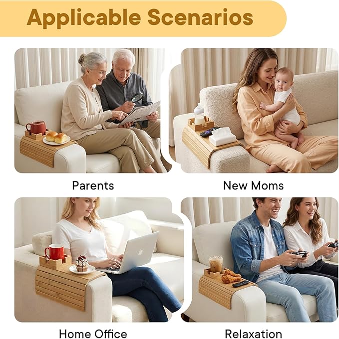 Bamboo Couch Cup Holder & Armrest Tray - Extend Your Comfort with a Secure Drink Slot and Snack Space for Recliner, Loveseat, or Sofa (Extra Large)