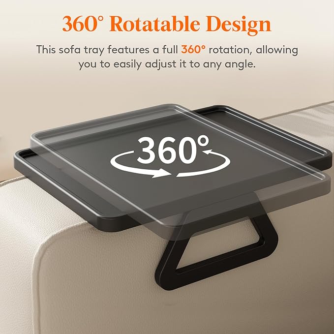 Lifewit Plastic Rotating Couch Armrest Table, Adjustable Sofa Arm Clip Holder Tray for Snack/Fast Food/Fruit/Drink, Large Foldable Stable Sofa Table with Reinforced Clamp, Black