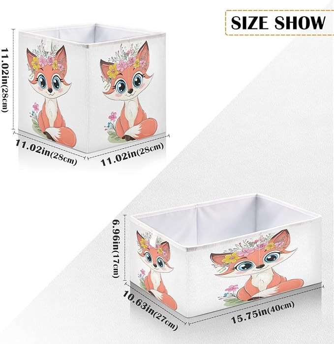 Foldable Storage Cube Fox Flowers Wreath Organizer Basket for Home Shelf