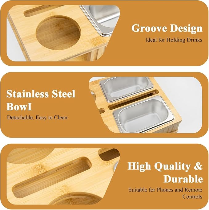 Bamboo Couch Caddy Holder Tray - XL Anti-Spill Sofa Arm Tray Table - Non-Slip Armrest Organizer for Drinks, Phone & Remotes - Stable Caddy for Couch, Car & Floor