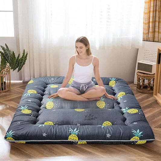 MAXYOYO Grey Pineapple Japanese Floor Futon Mattress, Tatami Floor Mat Portable Camping Mattress Kids Sleeping Pad Foldable Roll Up Floor Lounger Couch Full Size with Mattress Protector Cover