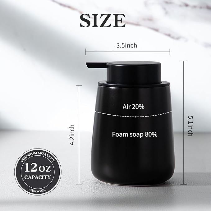Enra Foaming Black Soap Dispenser,12 oz Ceramic Hand Soap Dispenser, Refillable Dish Soap Dispenser,Modern Foam Soap Dispenser for Bathroom,Kitchen with Easy-to-Press Pump (Black Foam Type)