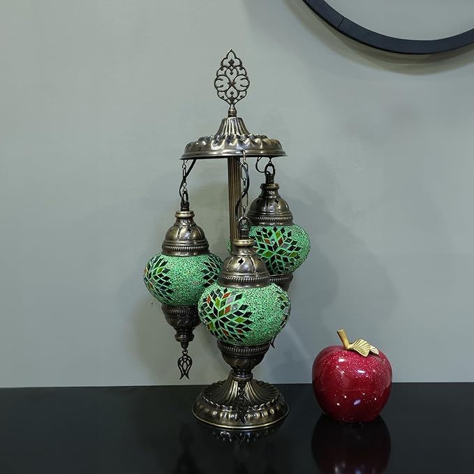 Asylove Turkish Lamp, 3 Globe Turkish Mosaic Table Lamp, Living Room and Office Decoration Lighting 5 inc Globe Total Dimesions 12 x 12 x 24 inch (Green Mix)