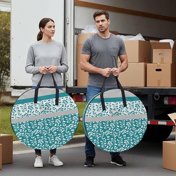 Storage Bag Turquoise Grey Leaves Round Storage Totes Bins Closet Organizers with Zippers & Handle Stitching Stripes Clothes Storage Container for Bedroom Dorm Space Saving Packing Supplies Bags