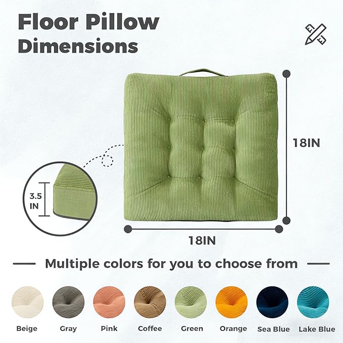 Floor Cushion Green Portable Chair Pads with Handle 2 Pack, 18x18 Inch Tufted Velvet Square Floor Cushions, Comfortable Seats for Kitchen Bar Stools & Patio