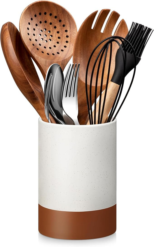 MALACASA Utensil Holder, 5.5" Ceramic Kitchen Utensil Holder for Countertop, Cooking Utensil Crock for Kitchen Counter, Farmhouse Utensil Organizer for Spatula & Spoon, Khaki White, Series TARA