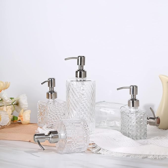 YunNasi Soap Dispenser with Stainless Steel Pump, Clear Crystal Design, Vintage and Elegant, Refillable Liquid Hand Soap Dish Soap Dispensers for Bathroom Counter, Kitchen Sink (Style 3)