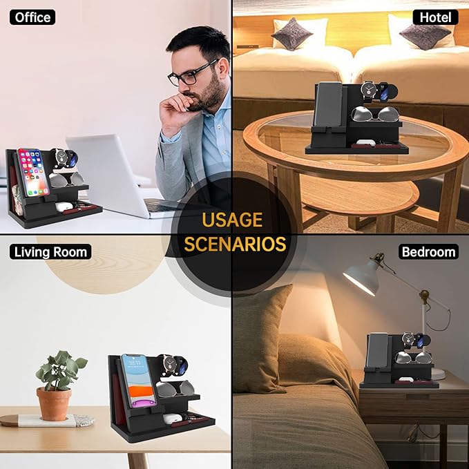 Gifts for Men Wood Phone Docking Station Birthday Gift for Men Valentines Day Gifts Father Gift for Him Boyfriend Nightstand Organizer Desktop Phone Stand Black