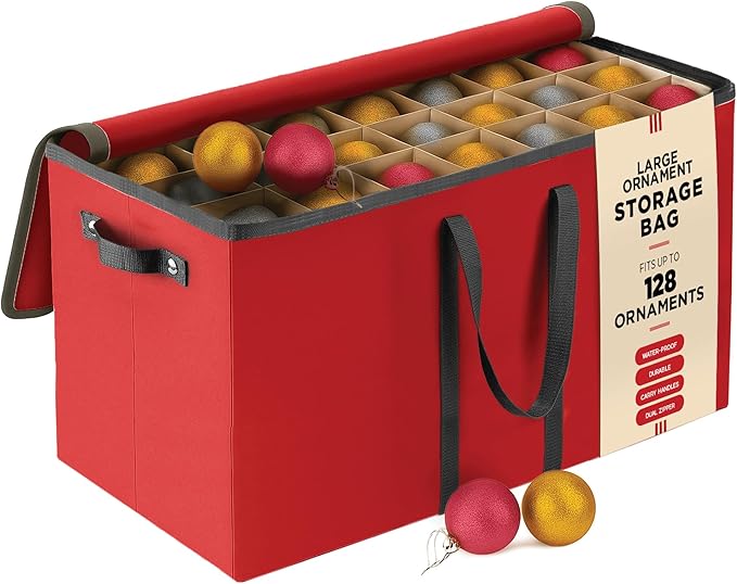 Large 128 Christmas Ornament Storage Box, Adjustable Compartment Dividers, Dual Zipper, Stackable Holiday Decorations Organizer with Lid, Xmas Durable Fabric Bin, Reinforced Handles Space-Saving (Red)
