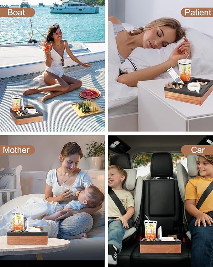 Couch Cup Holder Tray, Silicone Acacia Wooden Couch Caddy with Cup Holder for Snacks, Drinks, Remotes, Waterproof Cup Holder for Couch, Organizer, Movie Night Snack Trays, Easter Gifts
