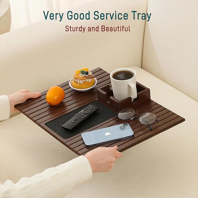 Bamboo Couch Cup Holder Arm Tray Table with Anti-Slip Cork Pad，Couch Drink Holder，Sofa Cup Holder Armrest Tray，Foldable Arm Chair Table Recliners for Drink, Cups, Eats，Snacks, Phone, Remote (Brown)
