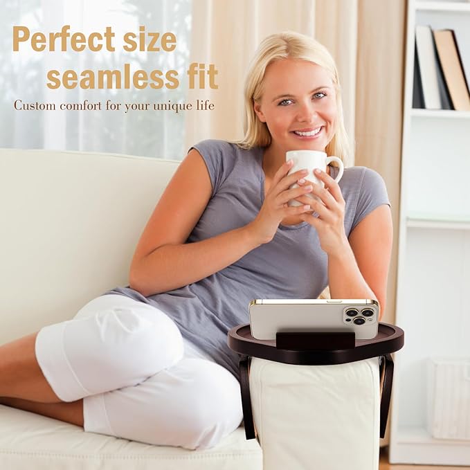 Couch Arm Tray Table,Bamboo Sofa Side Tables Clip-on Couch with 360° Phone Holder,Foldable Sofa Armrest Tray for Eating,Drink, Snacks, Coffee, TV,Remote