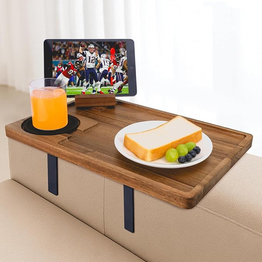 Couch Armrest Table, Acacia Wood Sofa Arm Tray with Adjustable Metal Clamp, Sofa TV Tray with Rotating Phone Holder for Snacks Drink Remotes, Include Black Coaster