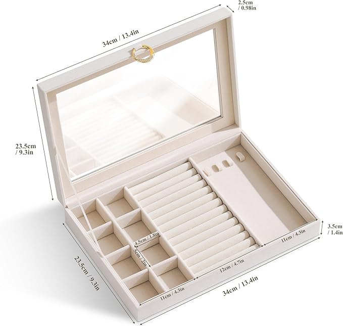 bussdis Glass Lid Jewelry Organizer Box – Beige Velvet Jewelry Case with Ring Slots, Necklace Hooks & Removable Compartments for Earrings, Rings & Bracelets
