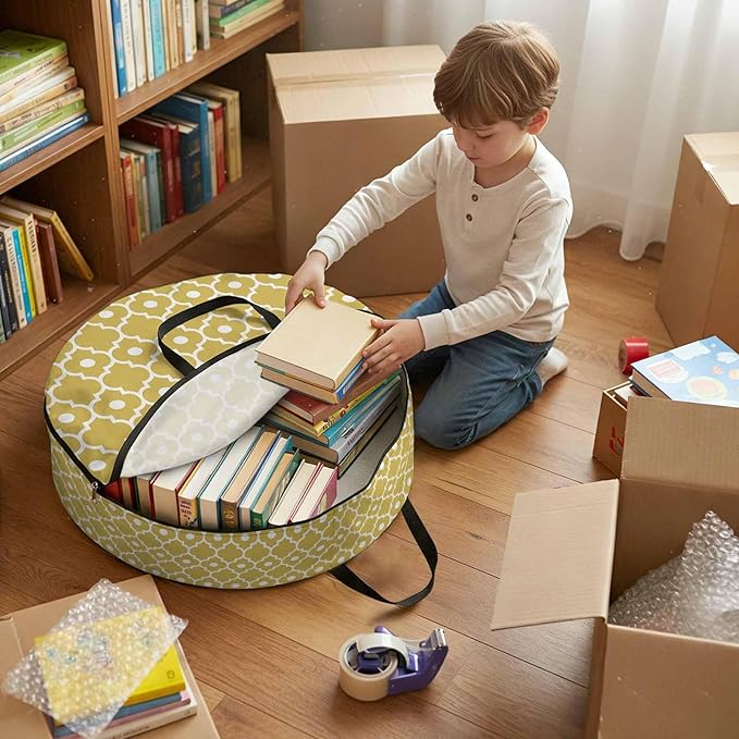 Storage Bag Retro Moroccan Design Round Storage Totes Bins Closet Organizers with Zippers & Handle Yellow Geometric Pattern Clothes Storage Container for Bedroom Dorm Space Saving Packing Supplies