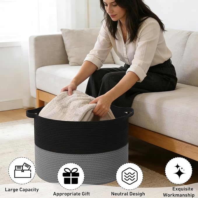 65L Large Woven Cotton Rope Blanket Basket with Handles, Laundry Hamper Storage Bin for Pillows, Comforters,Clothes, Toys, Nursery, Bedroom and Living Room Organization,Black&Dark Grey