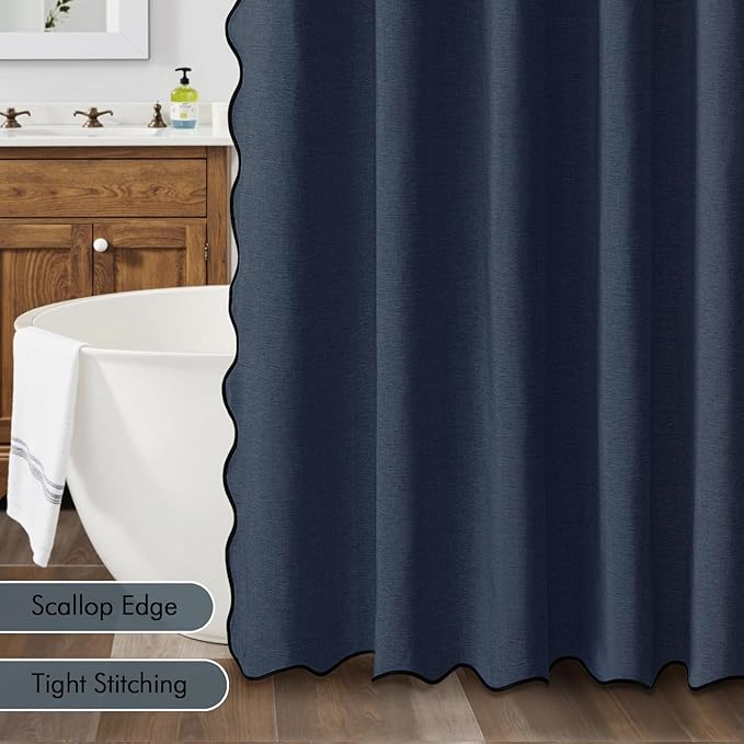 MIULEE Navy Scalloped Shower Curtain Linen Textured with 12 Metal Hooks Cute Heavy Duty Washable Waterproof Thick Cloth Shower Curtains with Black Border for Bathroom Hotel Bathtub,W72*L72