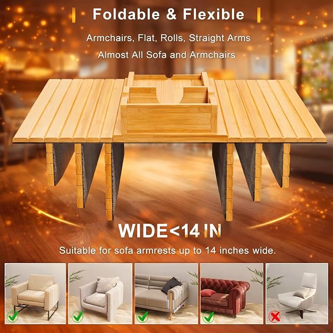 Bamboo Sofa Armrest Tray, 2-in-1 Bamboo Couch Arm Tray with Detachable Cup Holder, Foldable Non-Slip Sofa Armrest Table for Drinks, Phone, Remote & Snacks