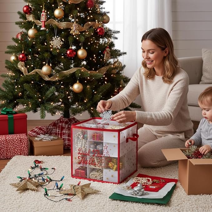 2-Pack Christmas Ornament Organizer Box with Adjustable Dividers for 64 Balls - Frosted Holiday Decor Storage Container, Space-Saving Plastic Christmas Ornaments Protection
