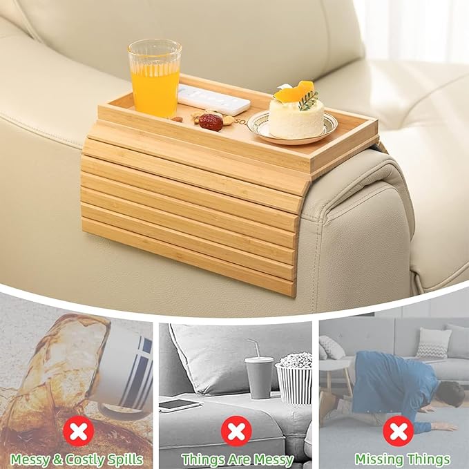 WCHOSOZH Bamboo Sofa Arm Tray with 2Pcs Cup Mats, Foldable Sofa Armrest Tray Side Table, Anti-Dropping Couch Armrest Table Cup Holder for Eats Drinks Snacks Remote Cellphone