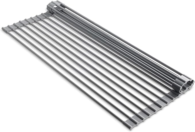 edge Roll Up Dish Drainer, Over The Sink Multi-Purpose Foldable Drying Rack, Silicone Coated Gray, Medium- 17" x 13.1"