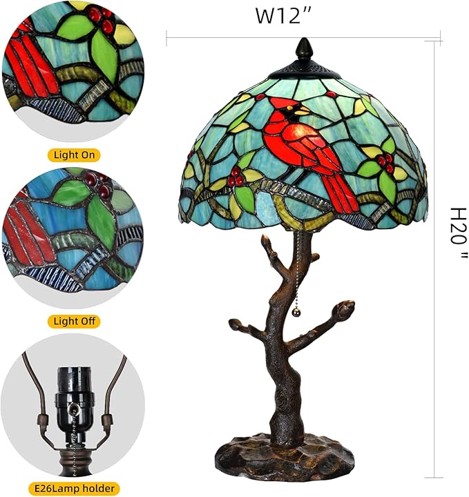 TL0035 Tiffany Style Stained Glass Table Lamp, Cardinal Bird Desk Lamp with Branch Base, W 12" x OH 21", Great for Home Decor & Night Lighting, LED Bulb Included (Red Cardinal)