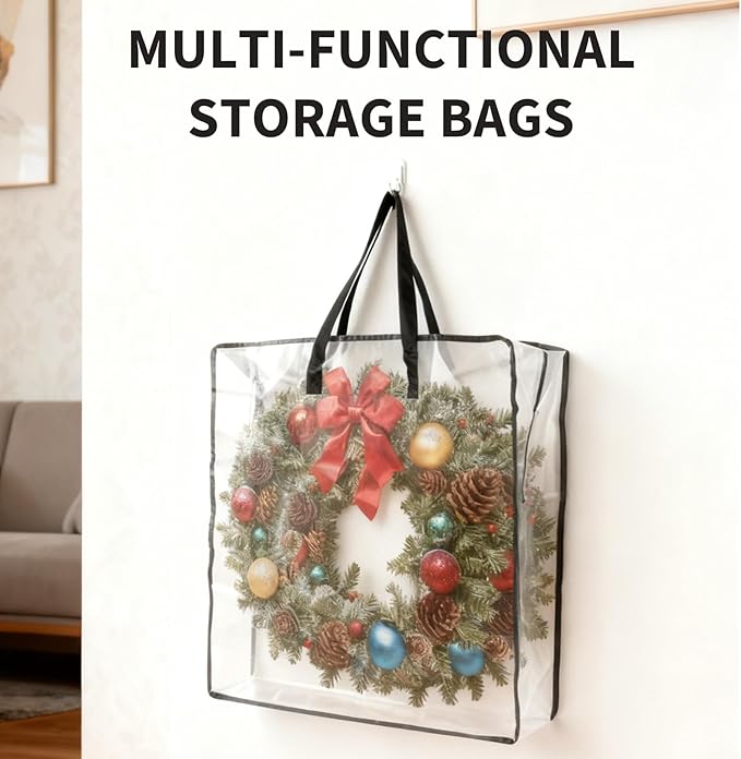Garvee 8 Pack Clear Plastic Christmas Wreath Storage Bags with Sturdy Handles and Zipper, Wreath Storage Container for Holiday Garlands, Gifts, and Christmas Decorations