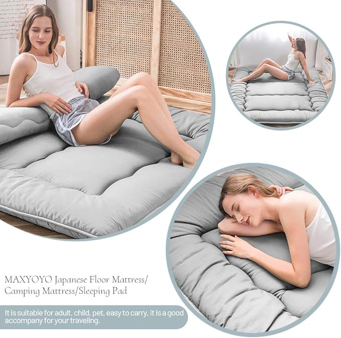 MAXYOYO Japanese Floor Mattress, Thicken Futon Sleeping Pad Foldable Roll Up Mattress Boys Girls Dormitory Floor Lounger Cushion and Sofas, Grey, Twin Size