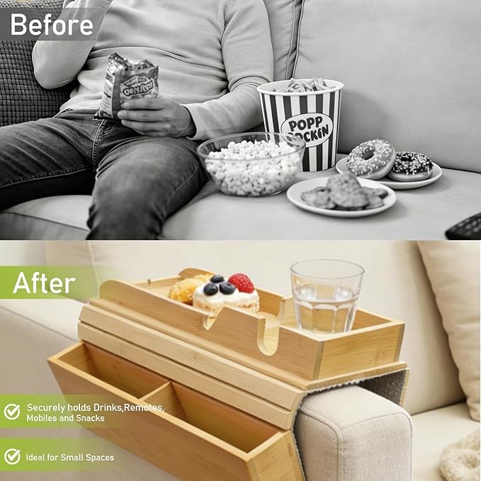 Bamboo Couch Armrest Table with Side Pocket, Anti-Slip Sofa Arm Tray & Tv Remote Holder and Cup Holder Tray, Perfect for Holding Drinks, Snacks, Remotes, Cups, and Phones