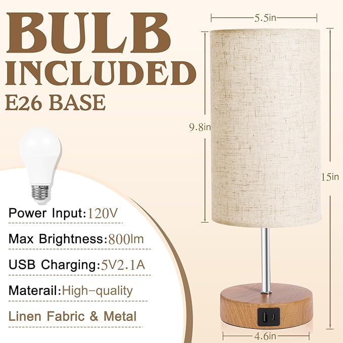 UNIFUN Bedside Table Lamp for Bedroom - 4 Way Dimmable Touch Lamp with USB and Type-C Charge Port,Small Wood Base Round Flaxen Fabric Shade Lamp Living Room,Bedroom Use (Yellow Base, 2Pack)