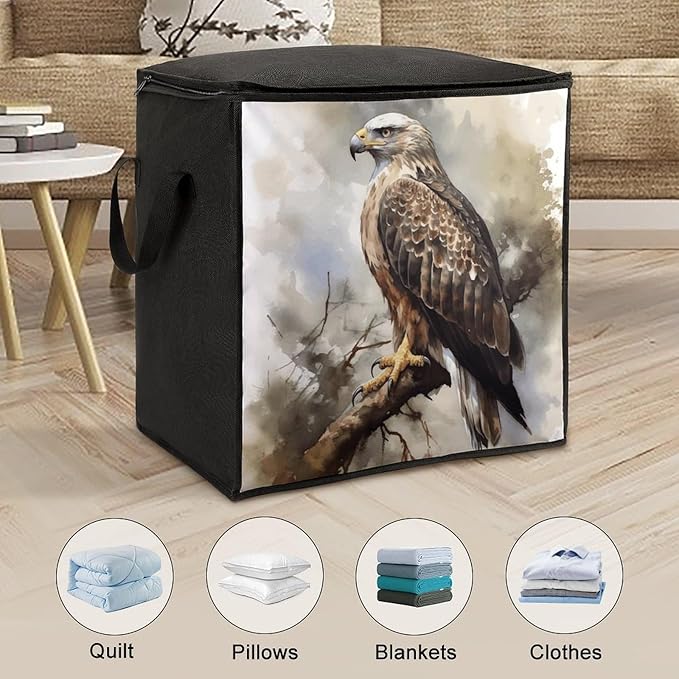 Watercolor of Hawk Sitting in The Tree Storage Bag Quilt Storage Bag with Sturdy Zippered Fashion Breathable Closet Organizer Storage Boxes with Carry Handles for Blanket Pillow Bedding